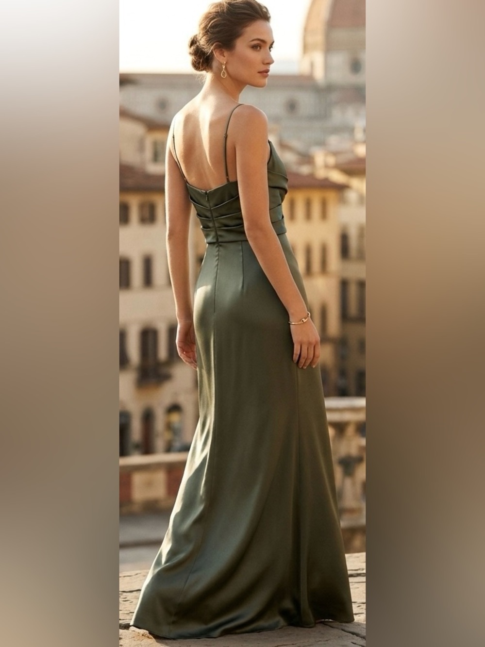 AMSALE Fluid Satin Cowl Neck Draped Maxi Dress Sage Green Size 2